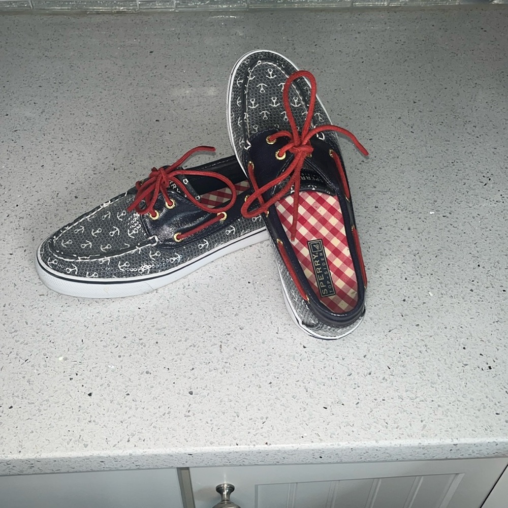 Sperry shoes, blue background, white anchors little rhinestones size 8 1/2